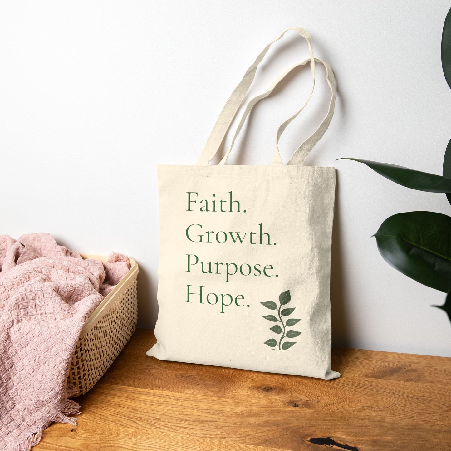 Faith Growth Purpose Hope Tote Bag | Christian Canvas Tote | Botanical Reusable Book Bag | Inspirational Gift for Women