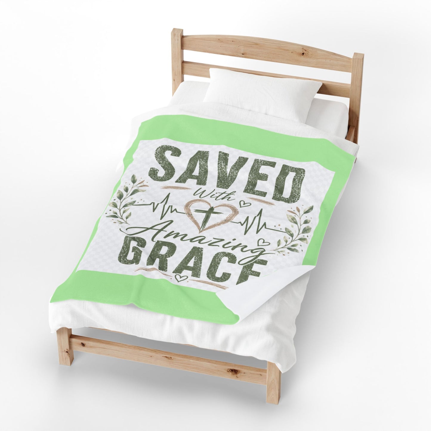 Saved With Amazing Grace Christian Blanket - Sage Mist | Faith Throw Blanket | Bible Gift | Christian Home Decor | Cozy Velveteen Blanket