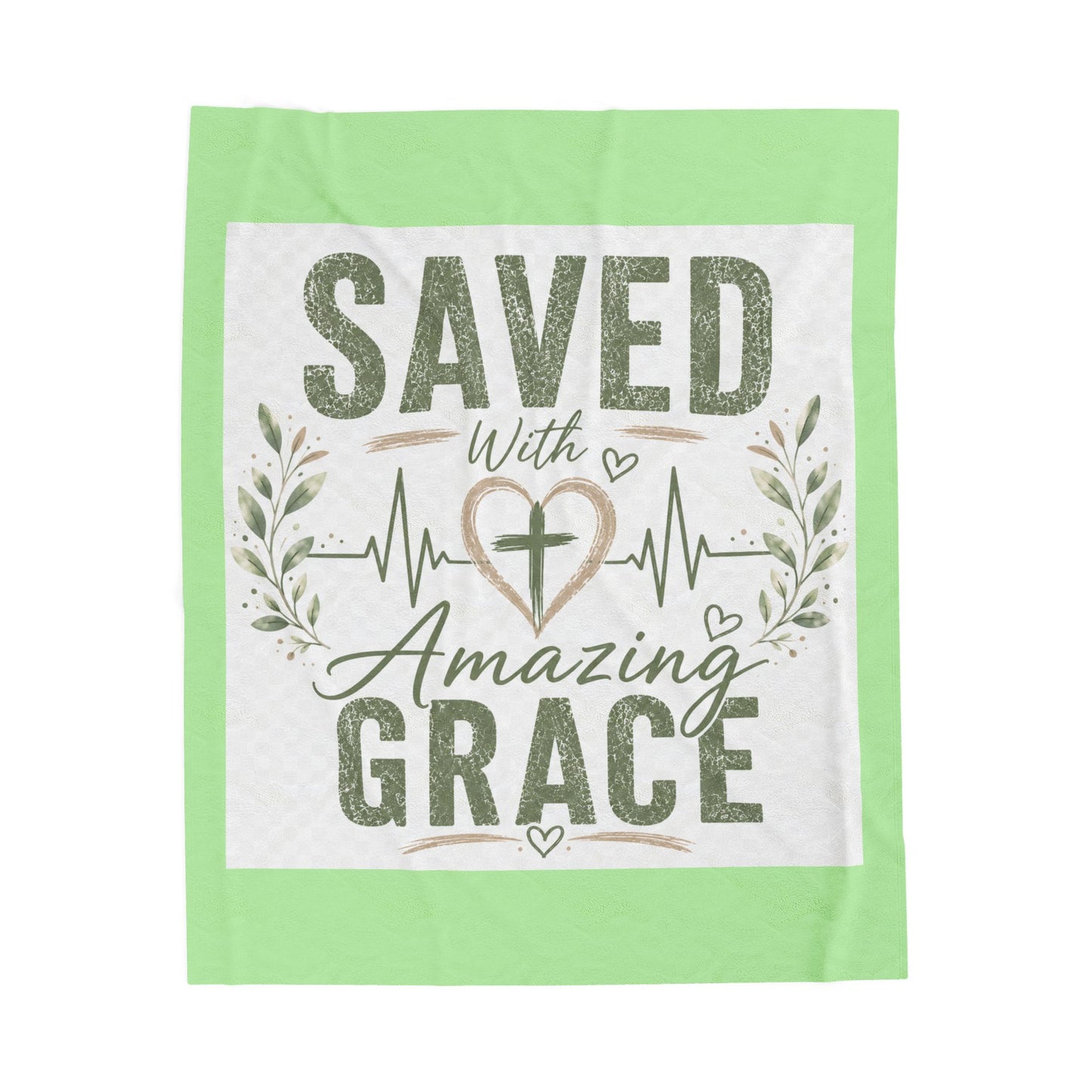 Saved With Amazing Grace Christian Blanket - Sage Mist | Faith Throw Blanket | Bible Gift | Christian Home Decor | Cozy Velveteen Blanket