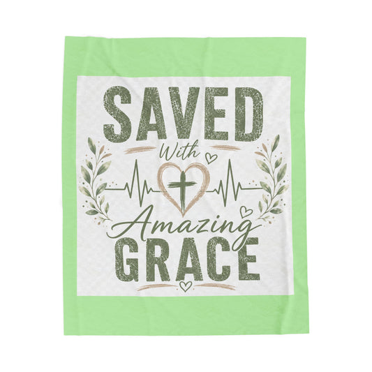 Saved With Amazing Grace Christian Blanket - Sage Mist | Faith Throw Blanket | Bible Gift | Christian Home Decor | Cozy Velveteen Blanket