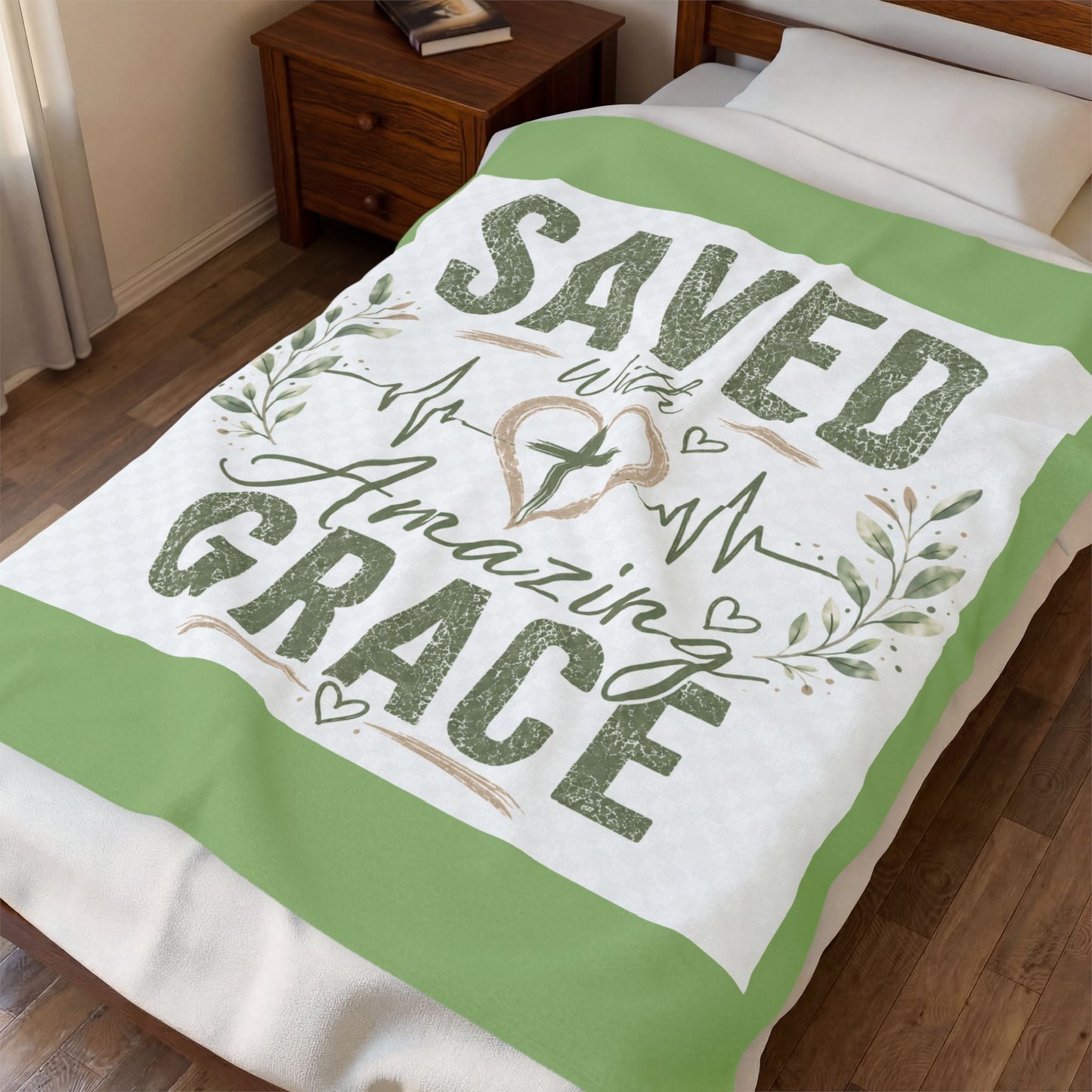 Saved With Amazing Grace Christian Blanket - Classic Sage | Faith Throw Blanket | Bible Gift | Christian Home Decor | Cozy Velveteen Blanket