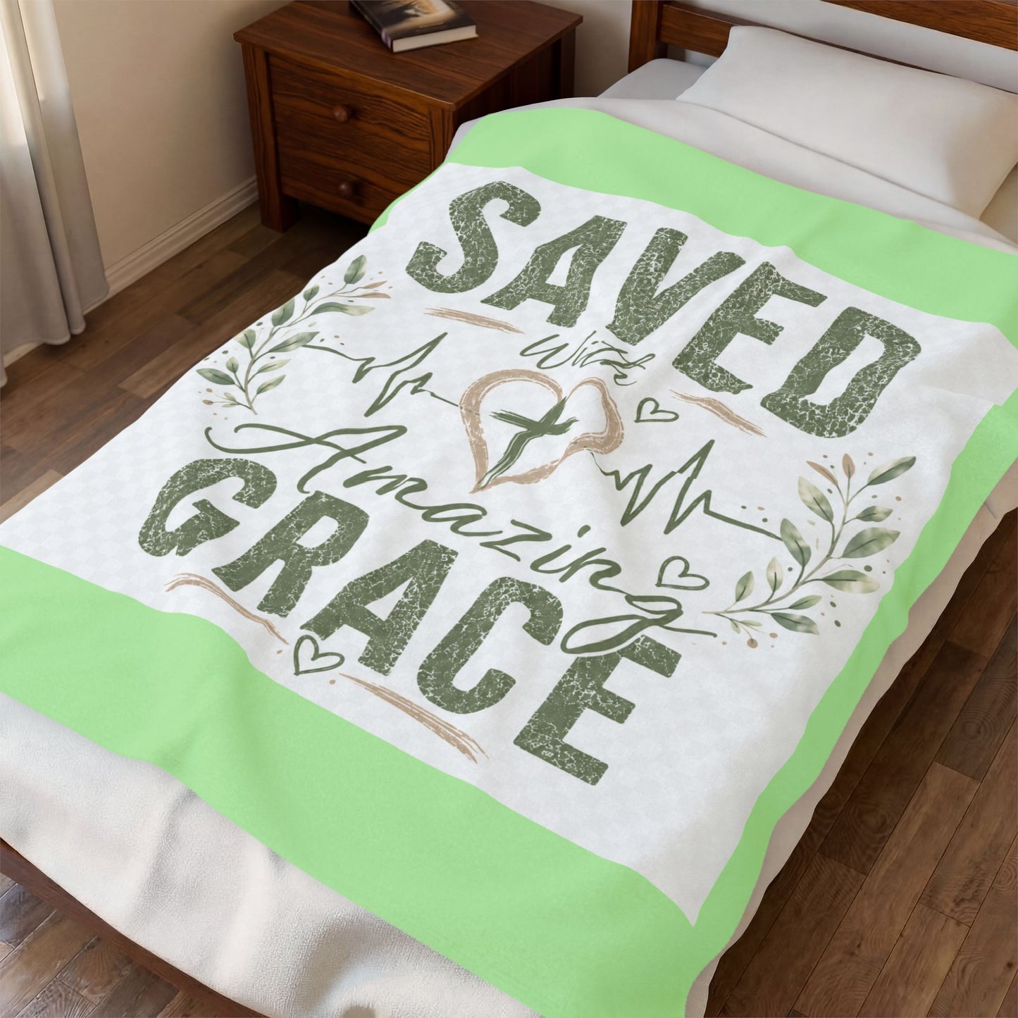 Saved With Amazing Grace Christian Blanket - Sage Mist | Faith Throw Blanket | Bible Gift | Christian Home Decor | Cozy Velveteen Blanket