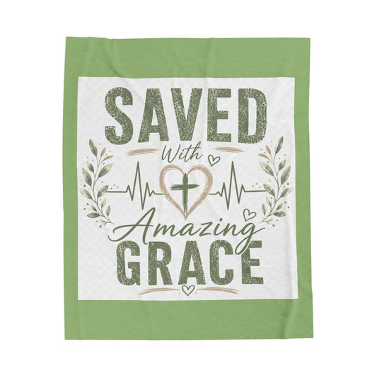 Saved With Amazing Grace Christian Blanket - Classic Sage | Faith Throw Blanket | Bible Gift | Christian Home Decor | Cozy Velveteen Blanket