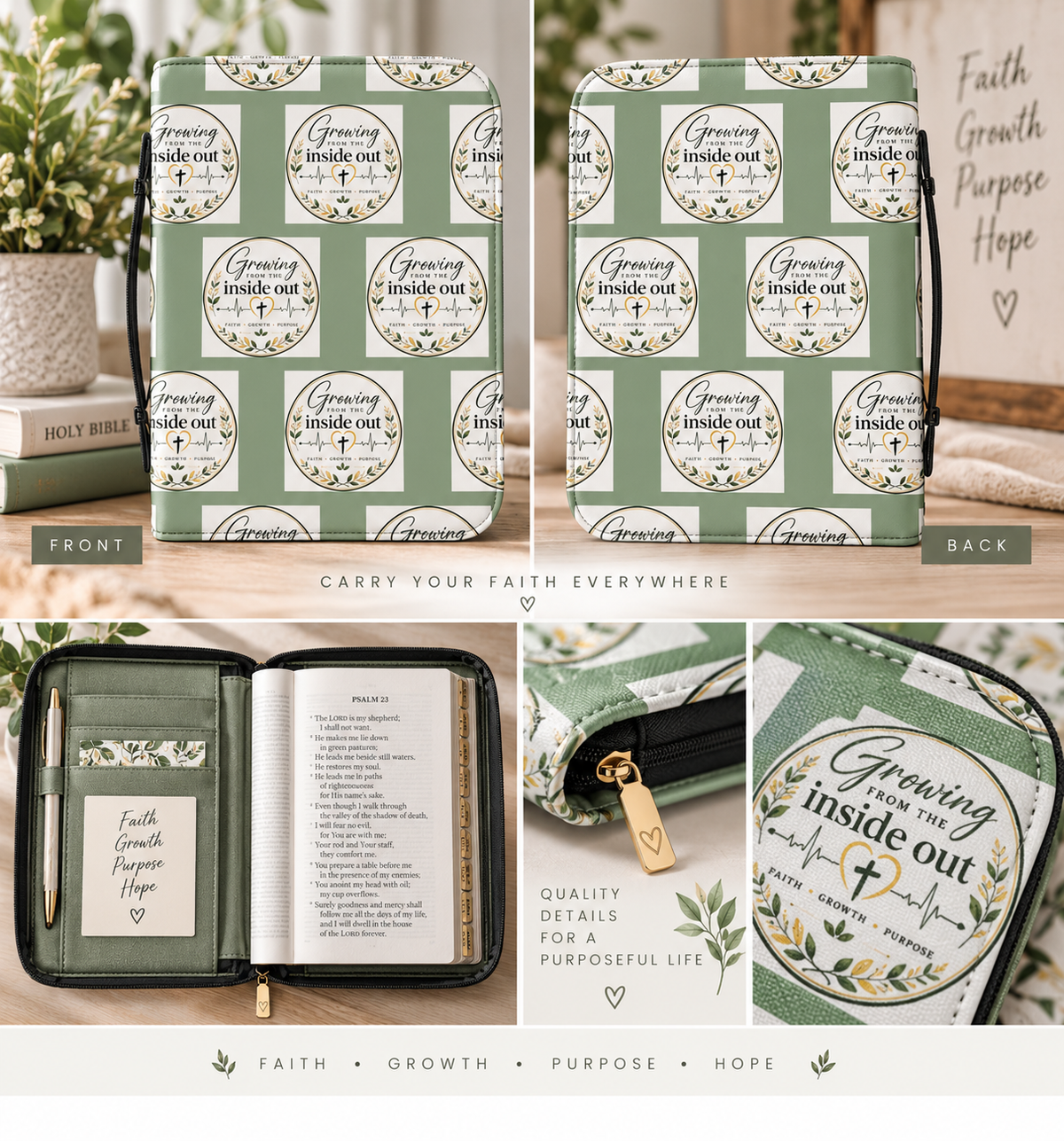 Sage Green PU Leather Bible Cover | Christian Faith Study Case
